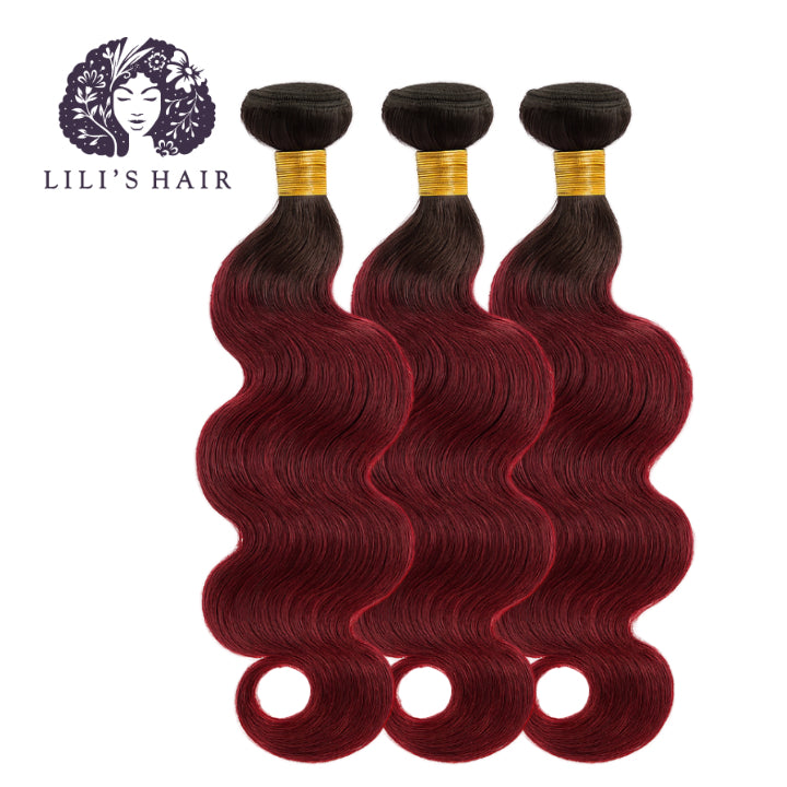 1B/99J Burgundy Ombre Body Wave, Double Drawn 12A-Grade, Brazilian Remy Hair Bundles