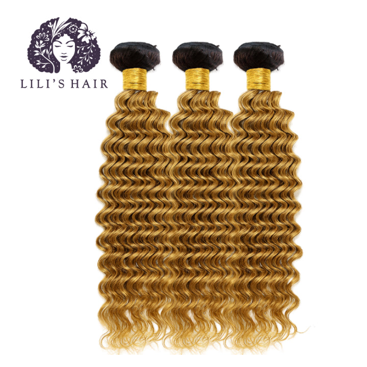 1B/27 Honey Blond Ombre Deep Wave, Single Drawn 10A-Grade, Brazilian Remy Hair Bundles