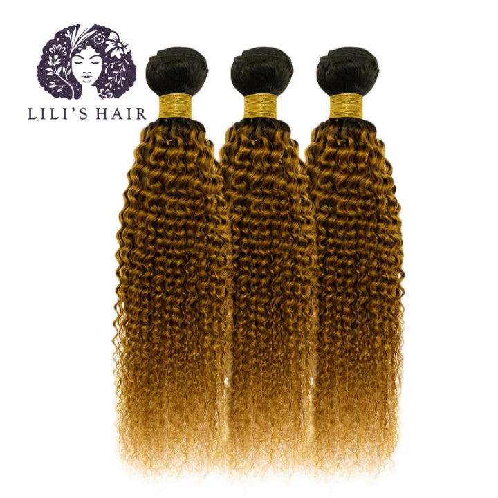 1B/27 Honey Blond Ombre Kinky Curly, Single Drawn 10A-Grade, Brazilian Remy Hair Bundles
