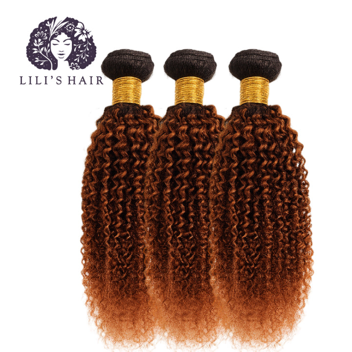 1B/30 Expresso Ombre Kinky Curly, Double Drawn 12A-Grade, Brazilian Remy Hair Bundles