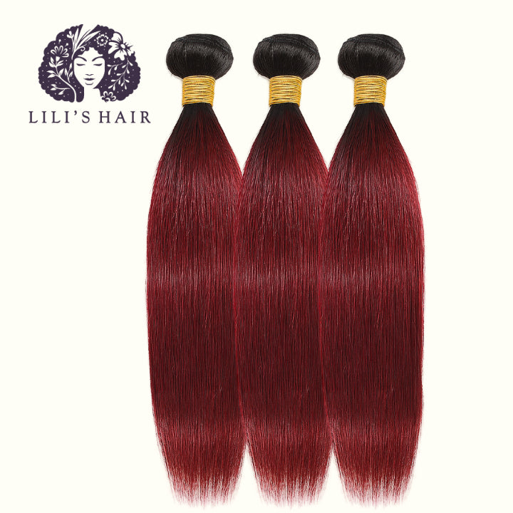 1B/99J Burgundy Ombre Straight, Single Drawn 10A-Grade, Brazilian Remy Hair Bundles