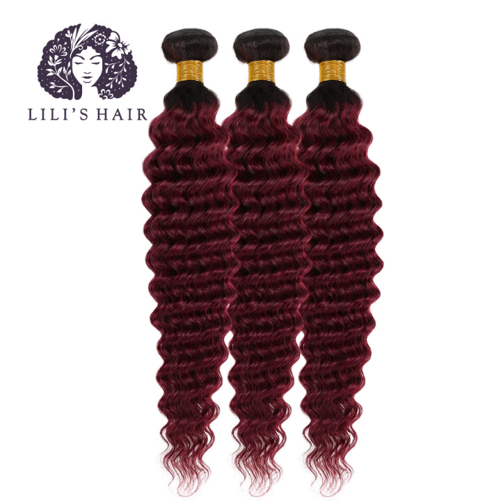 1B/99J Burgundy Ombre Deep Wave, Double Drawn 12A-Grade, Brazilian Remy Hair Bundles